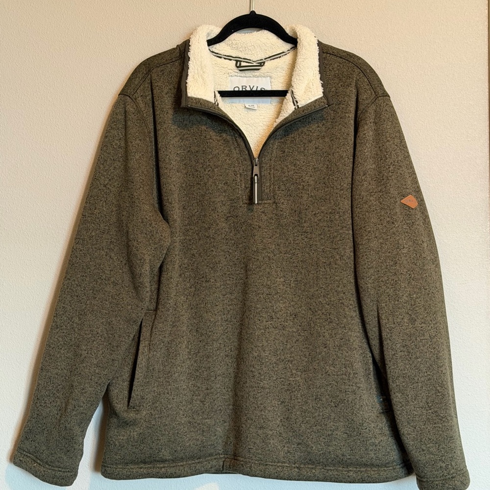 Orvis Men's Zip-Up Sherpa Fleece lined Sweater in a military green, XL